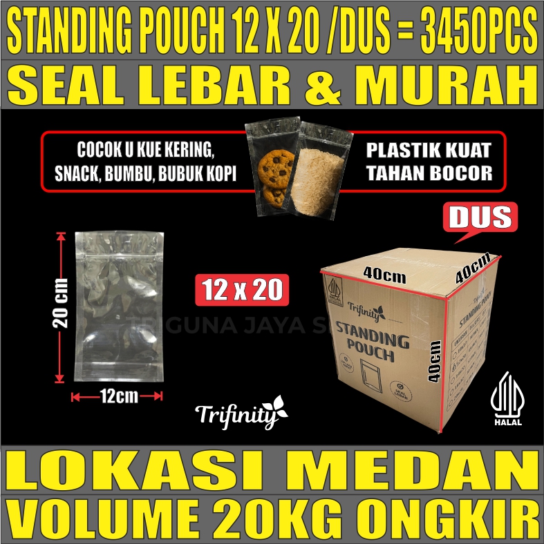 Standing Pouch uk 12x20 Trifinity Plastik Kemasan Berdiri Seal Lebar Bening Dus 20kg 3450pcs