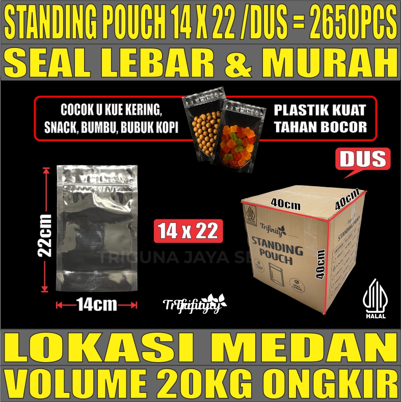 Standing Pouch uk 14x22 Trifinity Plastik Kemasan Berdiri Seal Lebar Bening Dus 20kg 2650pcs