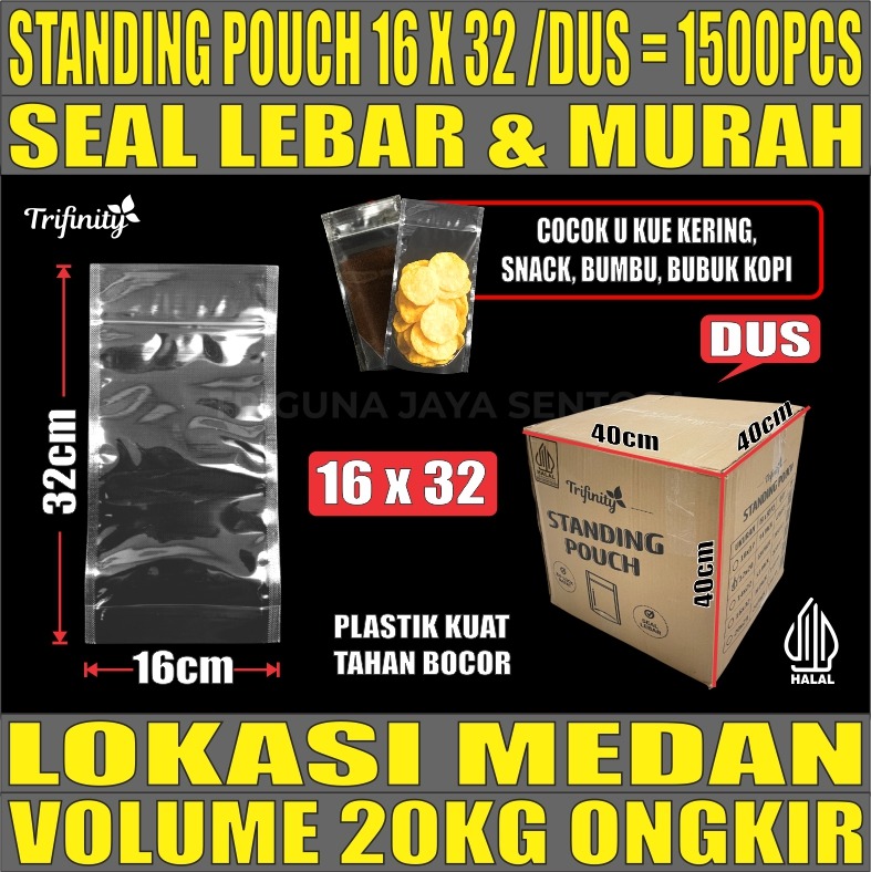Standing Pouch uk 16x32Trifinity Plastik Kemasan Berdiri Seal Lebar Bening Dus 20kg 1500pcs