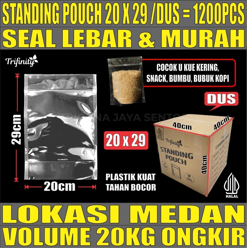 Standing Pouch uk 20x29 Trifinity Plastik Kemasan Berdiri Seal Lebar Bening Dus 20kg 1200pcs