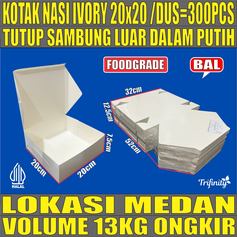 Kotak Nasi Ivory Putih 20x20 BALL 300pcs 43gr Tutup Sambung