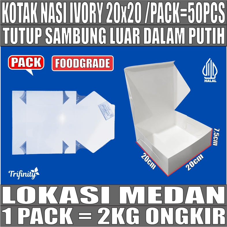 Kotak Nasi Ivory Putih 20x20 Pack 50pcs 43gr Tutup Sambung