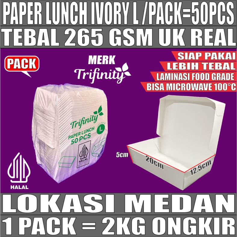 Paper Lunch L Ivory Pack 50pcs Box Kotak Tutup Putih Trifinity Halal