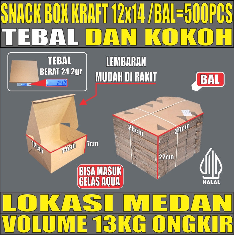 Snack Box Coklat 12x14 BALL 500pcs Kraft 275gsm Tutup sambung