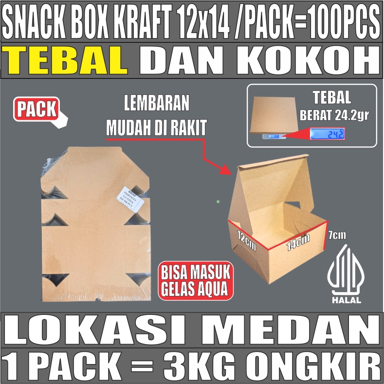 Snack Box Coklat 12x14 Pack 100pcs Kraft 275gsm Tutup sambung