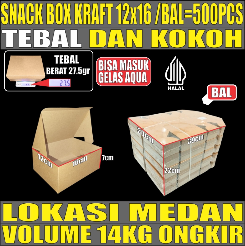 Snack Box Coklat 12x16 BALL 500pcs Kraft 275gsm Tutup sambung