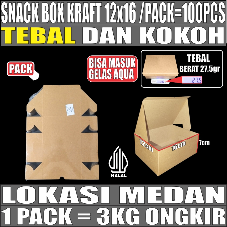 Snack Box Coklat 12x16 Pack 100pcs Kraft 275gsm Tutup sambung