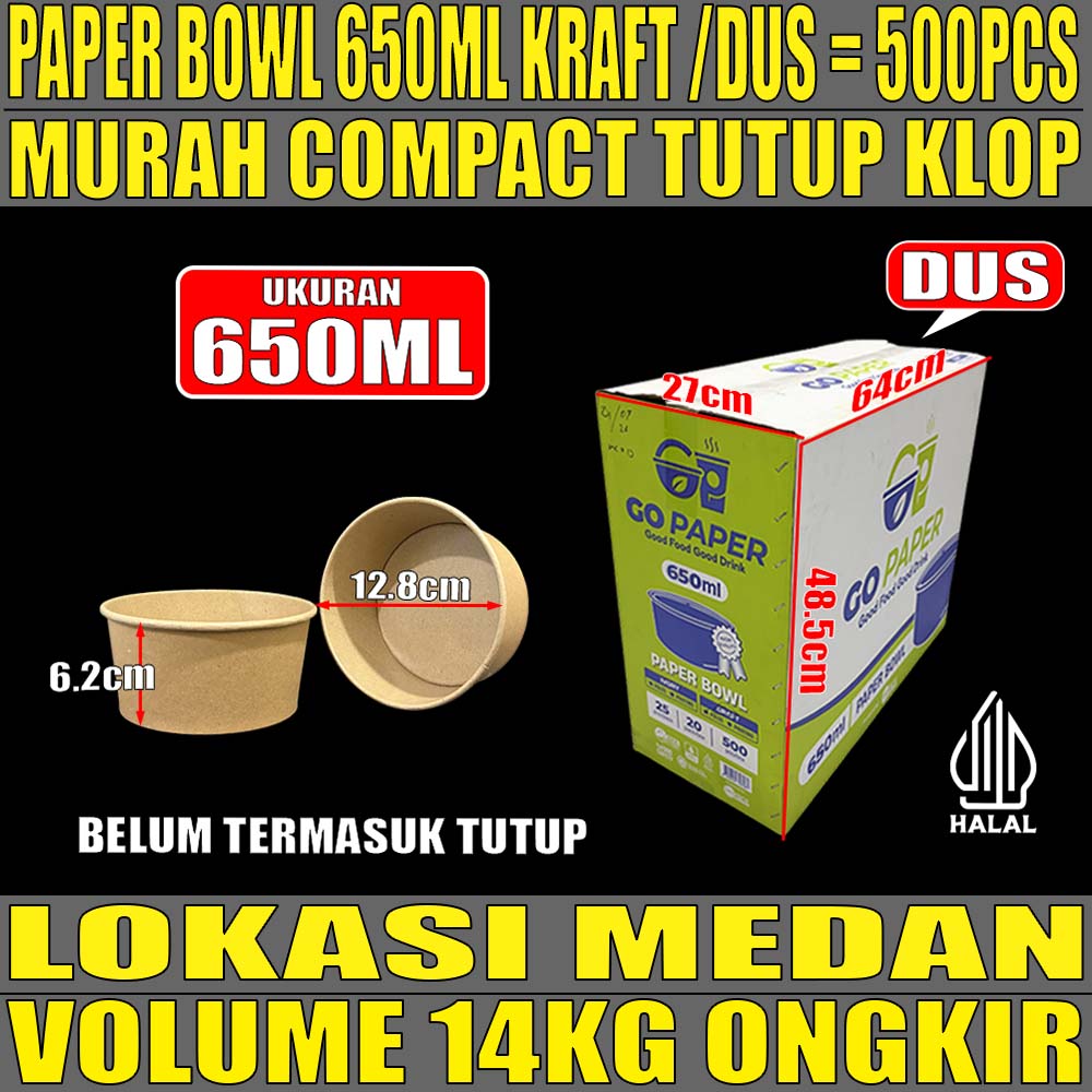 Paper Bowl KRAFT 650ml GO Paper Dus 500pcs Tebal 10,5gr ori