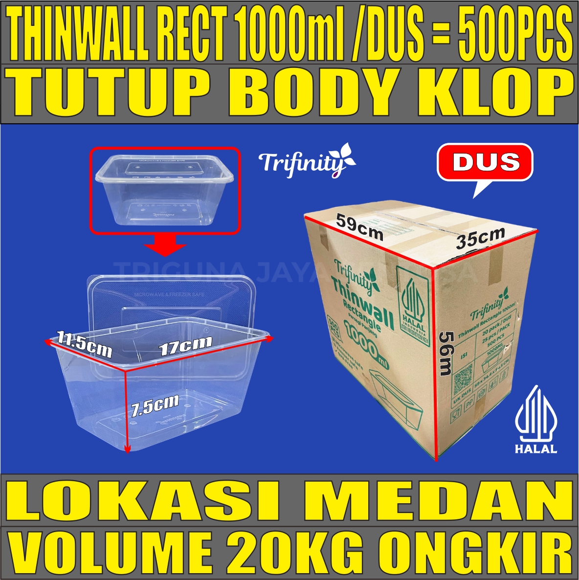 Thinwall Trifinity Rect 1000ml Dus 500pcs Tebal 28gr