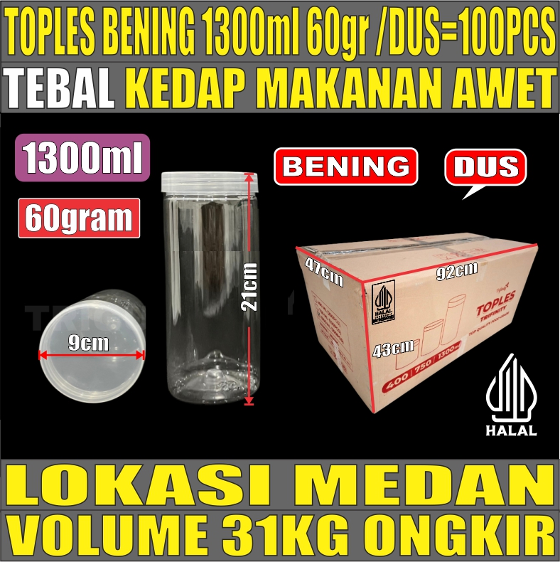 Toples 1300ml DUS 100pcs 60GR Jar Silinder Bening Pet