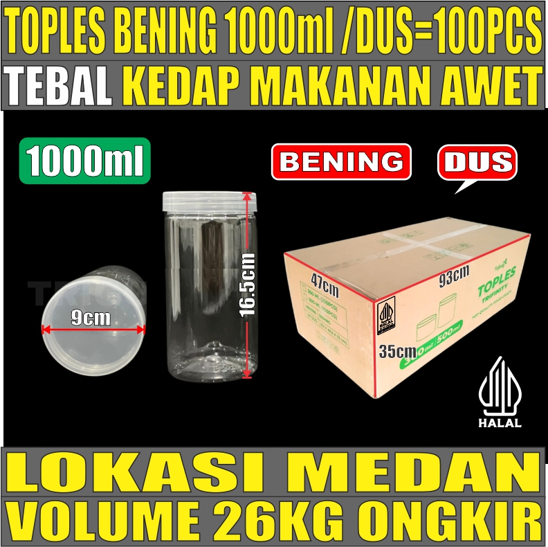 Toples 1000ml DUS 100pcs 60GR Jar Silinder Bening Pet